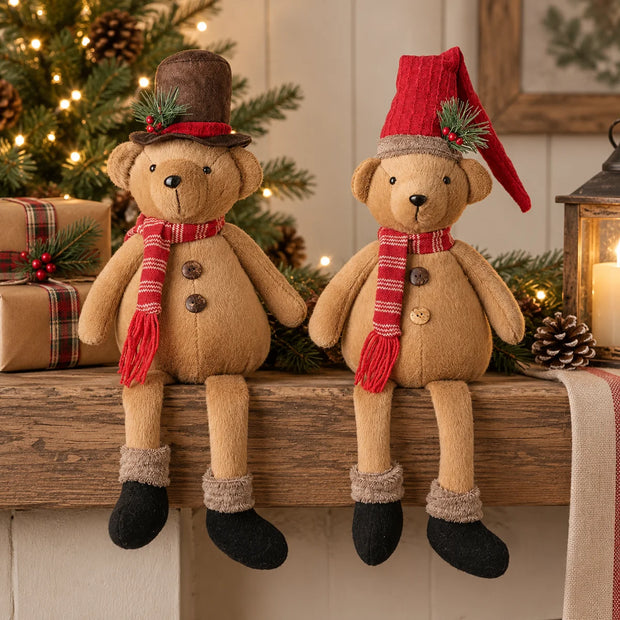 Two sitting Christmas teddy bears with red scarves and festive hats styled on a wooden shelf, designs shown together