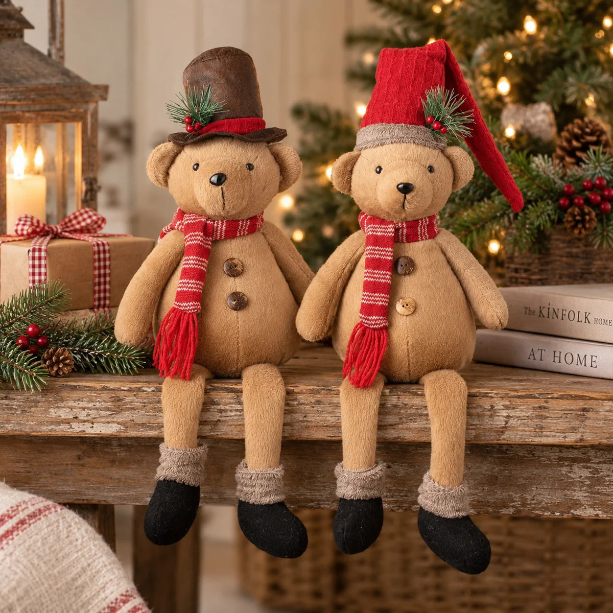 Christmas teddy bears in brown top hat and red knitted hat on rustic shelf with fairy lights