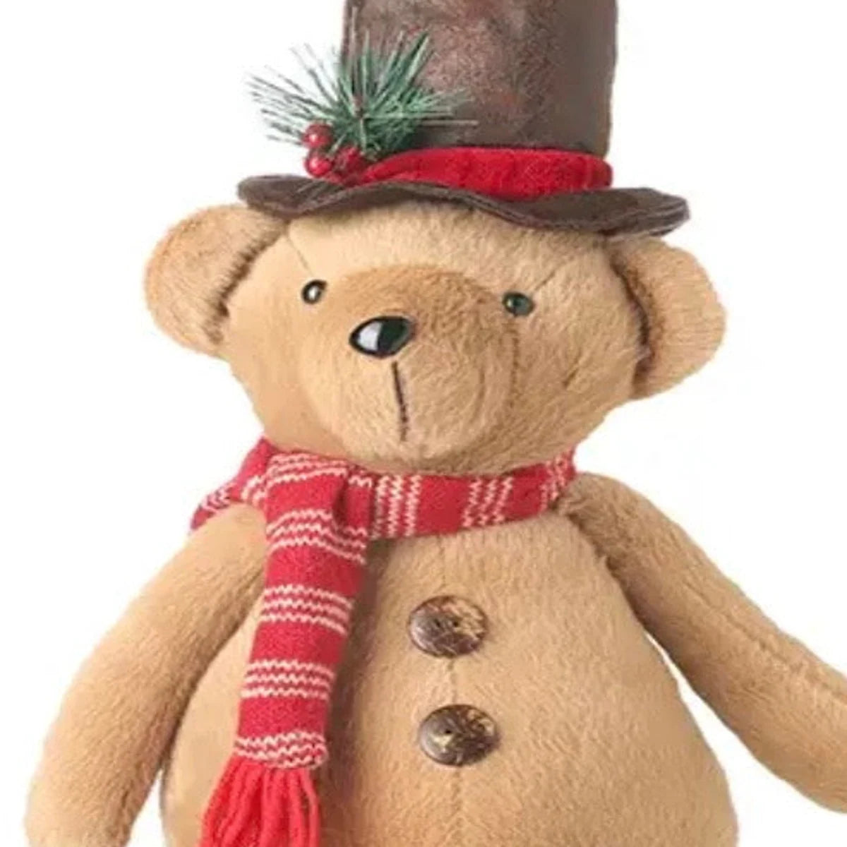 Close-up of Christmas teddy bear brown top hat, red striped scarf and plush fabric