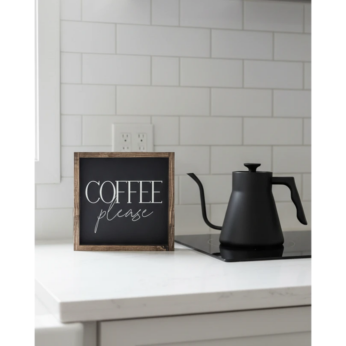 Small black framed sign with "Coffee Please" text, handmade home decor by Williamraedesigns, perfect for kitchen or coffee nook.