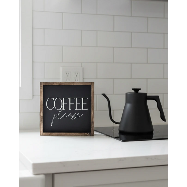 Small black framed sign with "Coffee Please" text, handmade home decor by Williamraedesigns, perfect for kitchen or coffee nook.