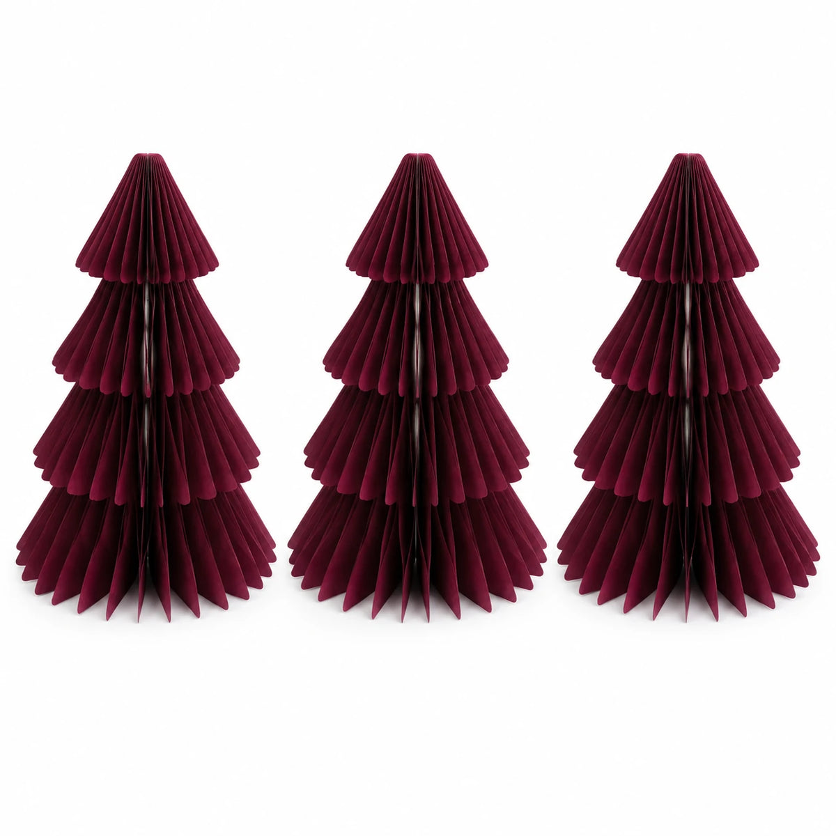 Full set of three identical burgundy paper Christmas trees on a white background.