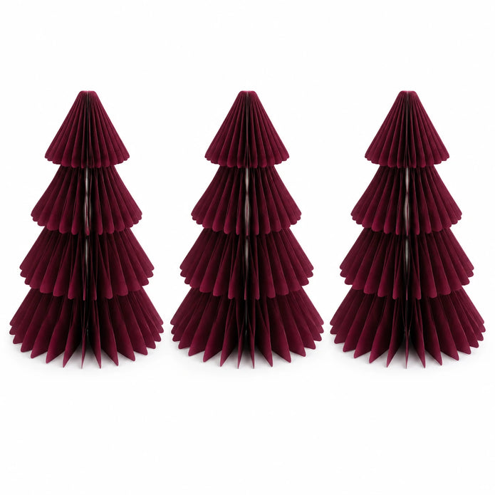 Full set of three identical burgundy paper Christmas trees on a white background.