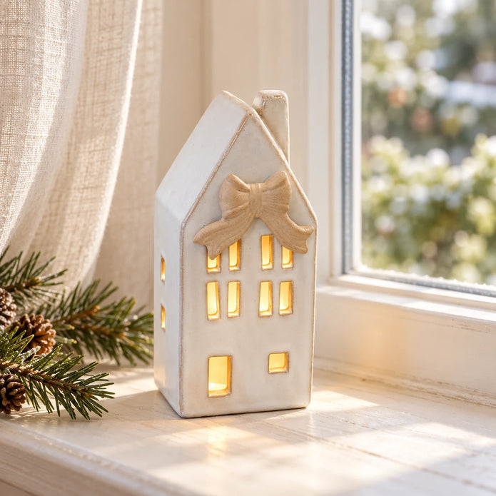 Cream ceramic Dutch LED house with bow on a pale windowsill beside subtle pine greenery.
