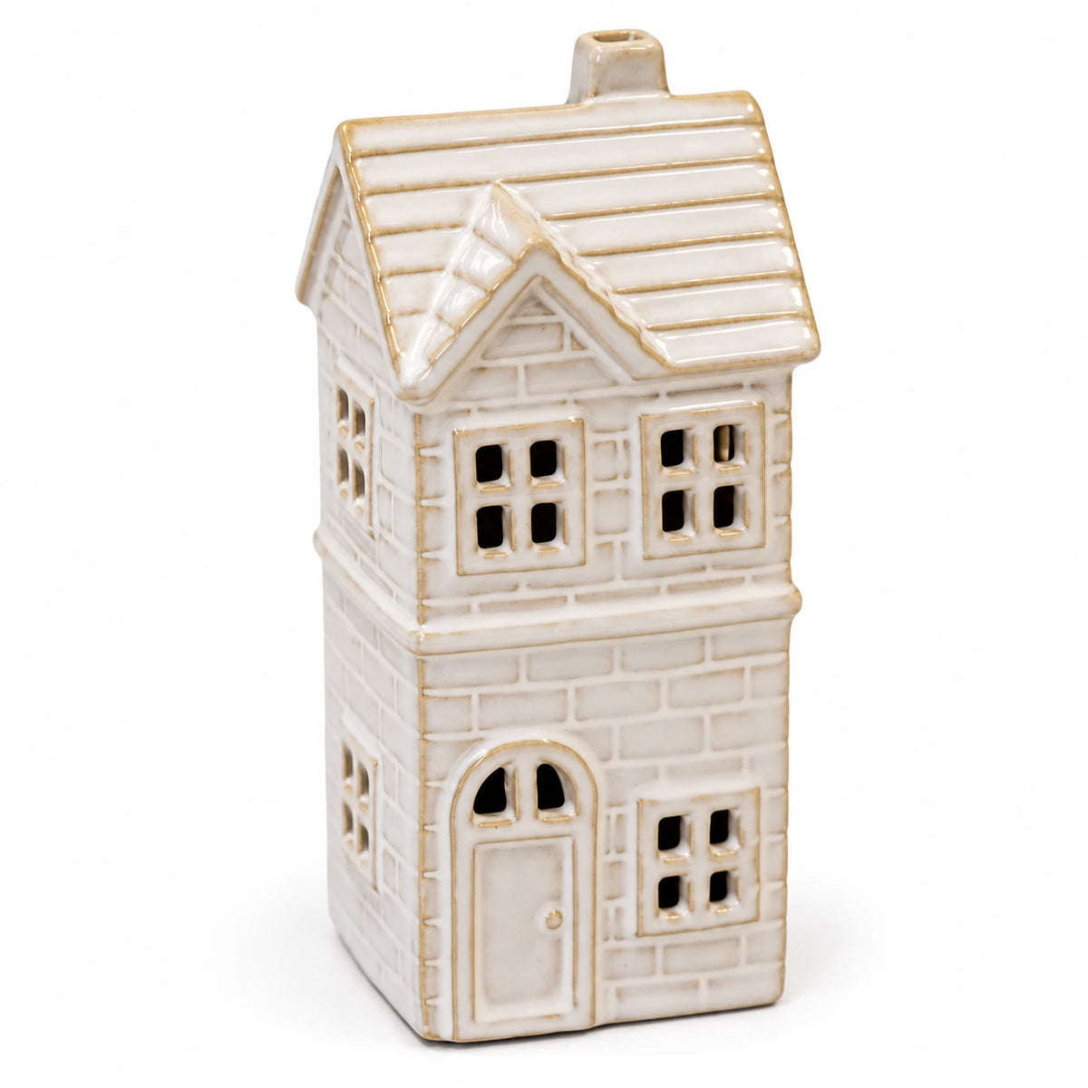 Small ivory glazed ceramic LED house unlit on a white background