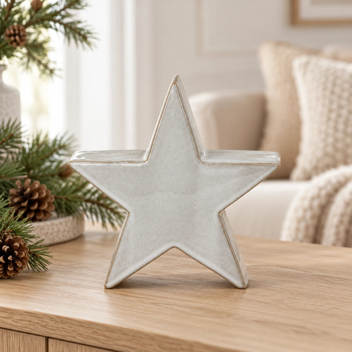 Small glazed ceramic star standing on an oak console with neutral Christmas styling