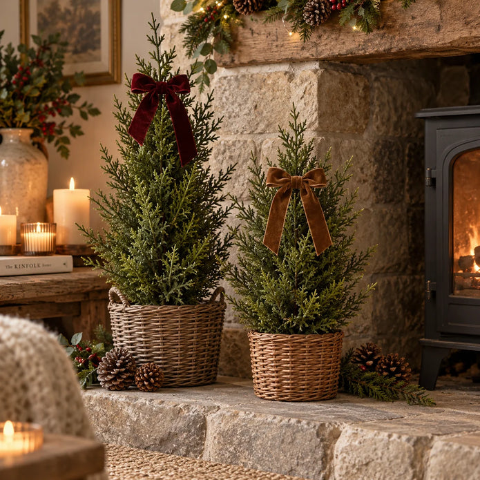Small green fir tree styled in wicker basket with burgundy velvet bow beside a Christmas fireplace; basket and bow are props
