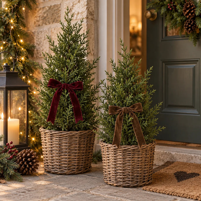 Green fir trees in wicker baskets with burgundy and brown velvet bows outside a Christmas doorway; props not included