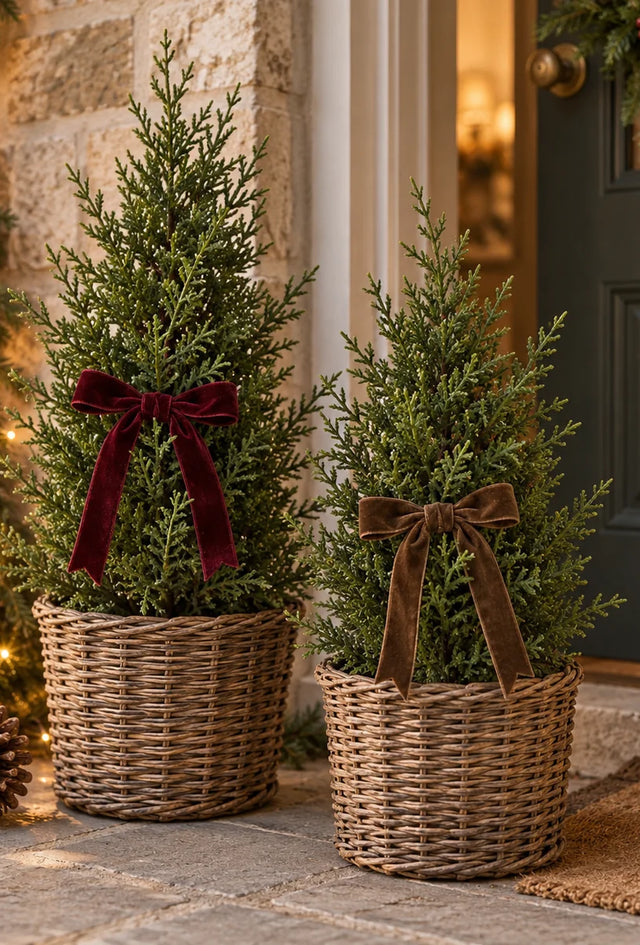 Green fir trees in wicker baskets with burgundy and brown velvet bows outside a Christmas doorway; props not included