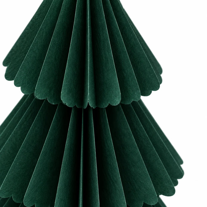 Close-up of dark green paper folds and scalloped tier edges.