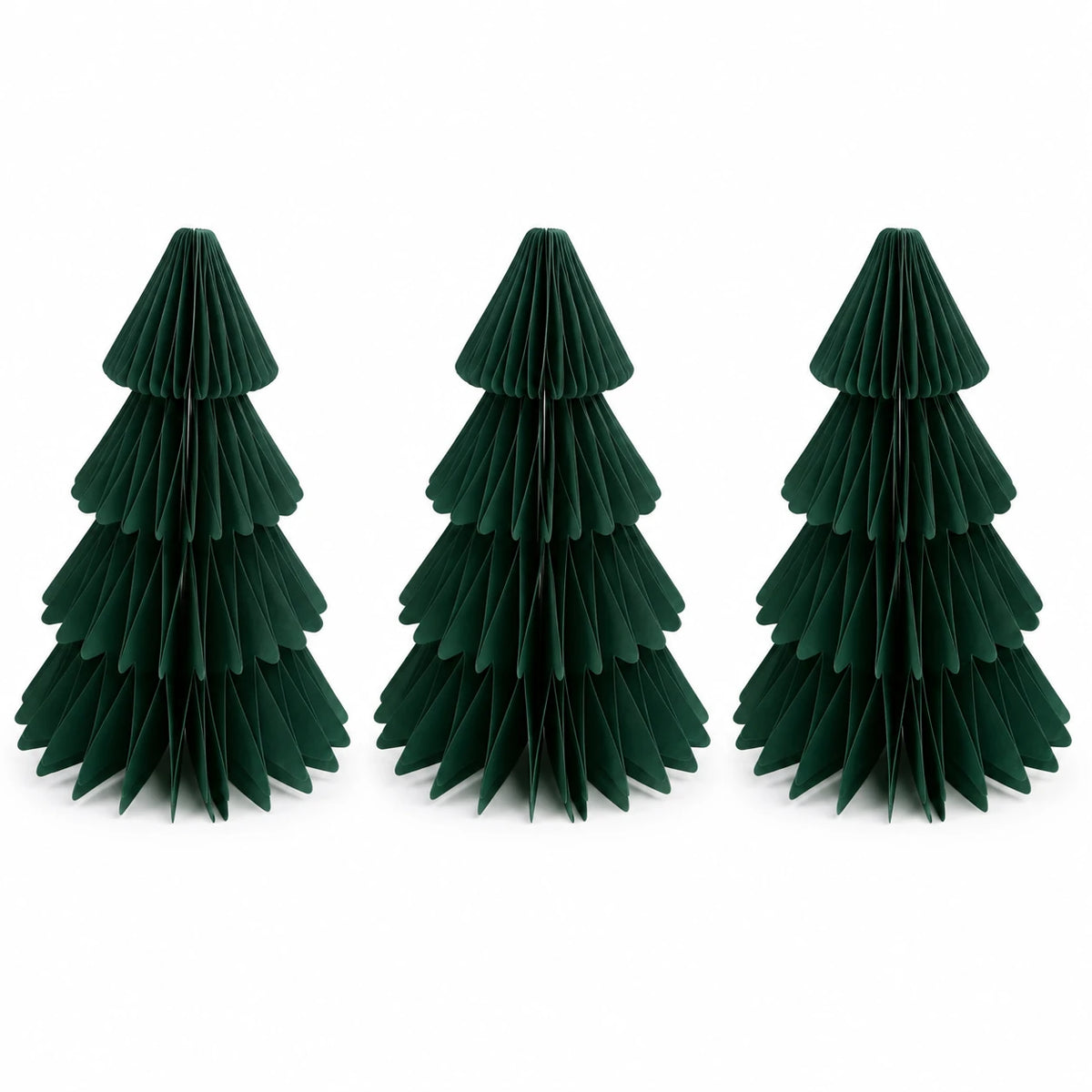 Full set of three identical dark green paper Christmas trees on a white background.