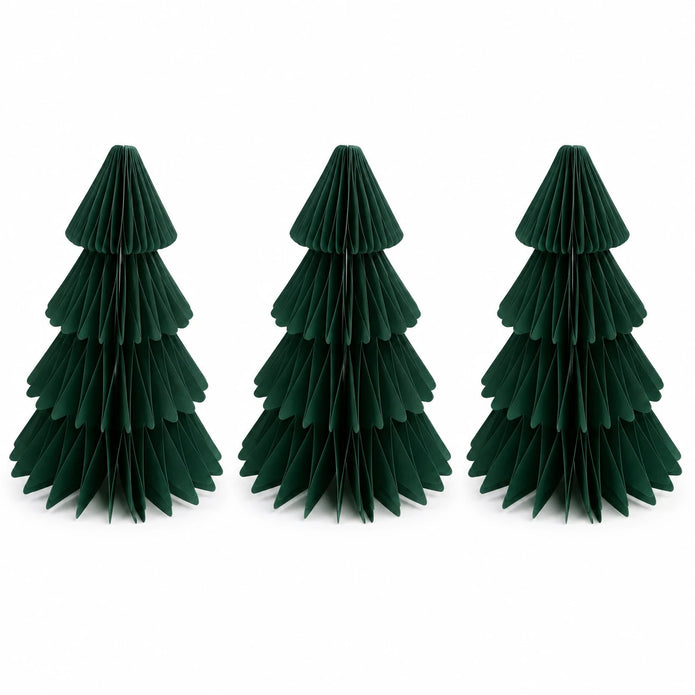 Full set of three identical dark green paper Christmas trees on a white background.