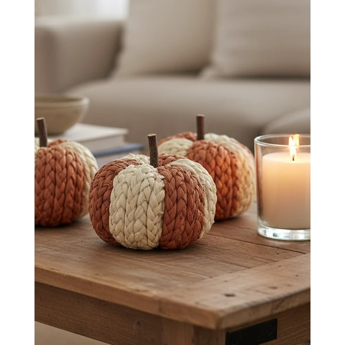 Small natural raffia patterned pumpkin for autumn decor, featuring textured raffia in a cozy, rustic style.