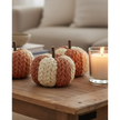 Small natural raffia patterned pumpkin for autumn decor, featuring textured raffia in a cozy, rustic style.