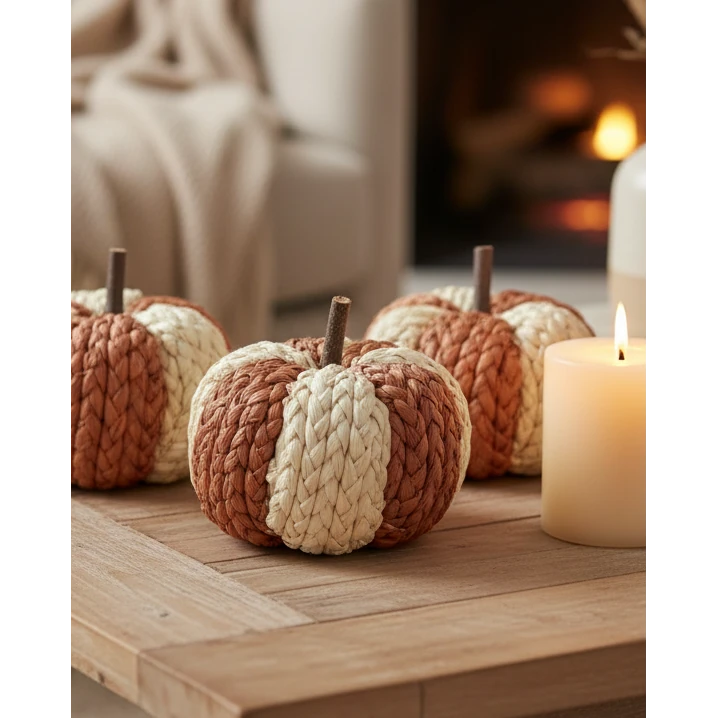 Small natural rafia patterned pumpkin for autumn decor, crafted by Heaven Sends with a textured, rustic appearance.