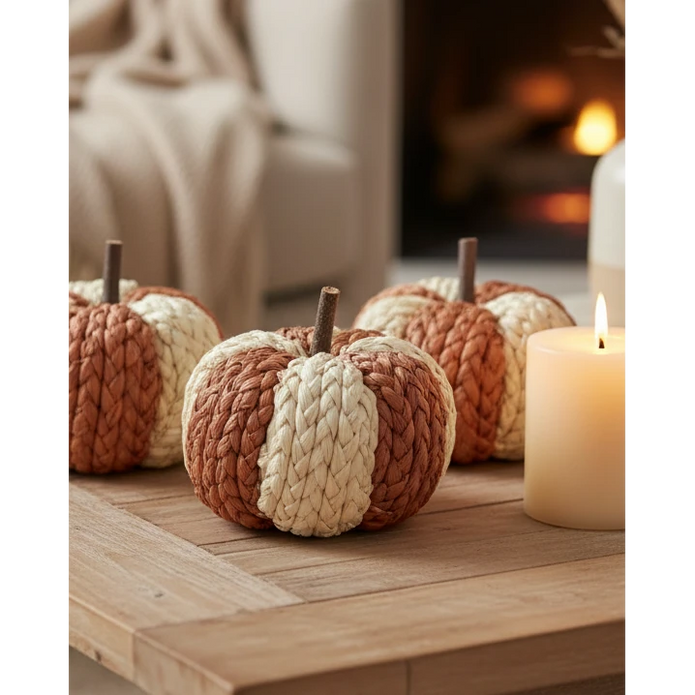 Small natural rafia patterned pumpkin for autumn decor, crafted by Heaven Sends with a textured, rustic appearance.