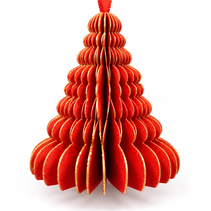 Close view of a small red paper tree showing scalloped folds and gold edges.