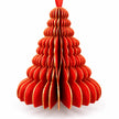 Close view of a small red paper tree showing scalloped folds and gold edges.