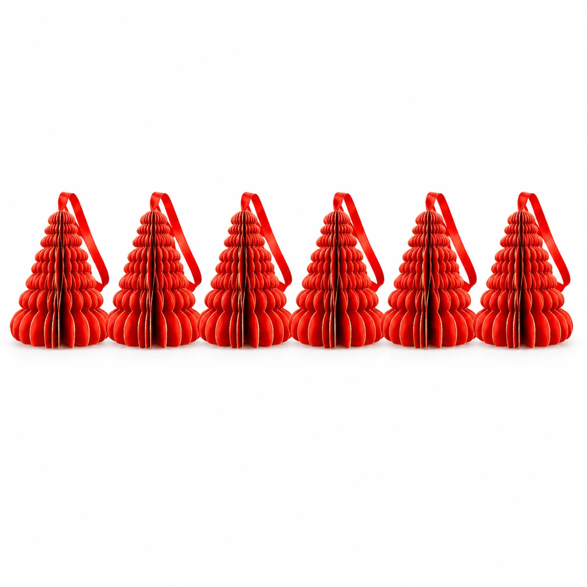 Complete set of six small red hanging paper trees and red ribbons on white.