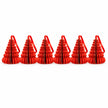 Complete set of six small red hanging paper trees and red ribbons on white.