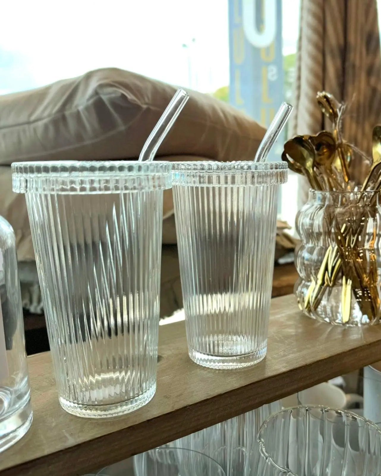 Small Ribbed Lidded Glass Ice Coffee Tumbler Glass - Kitchen & DiningKitchen & Dining - Lulu Loves Home