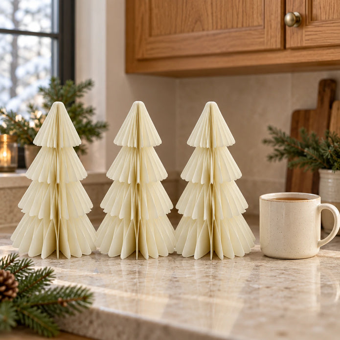Set of three 20cm winter white paper trees beside a mug of tea on a kitchen counter.