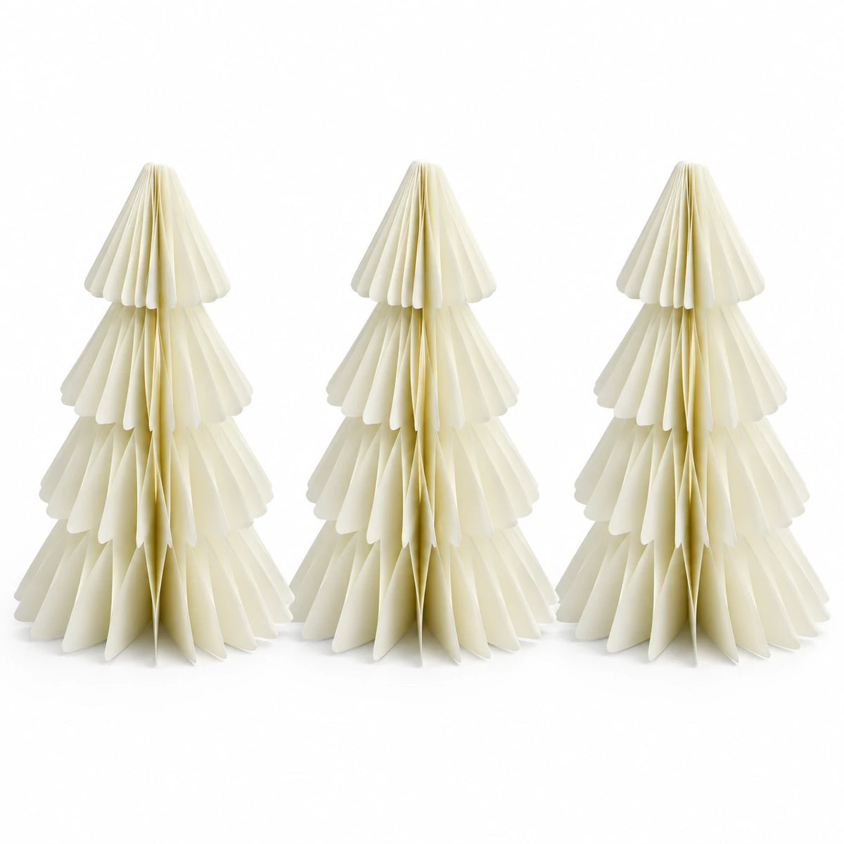 Full set of three identical winter white paper Christmas trees on a white background.