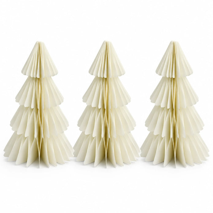 Full set of three identical winter white paper Christmas trees on a white background.