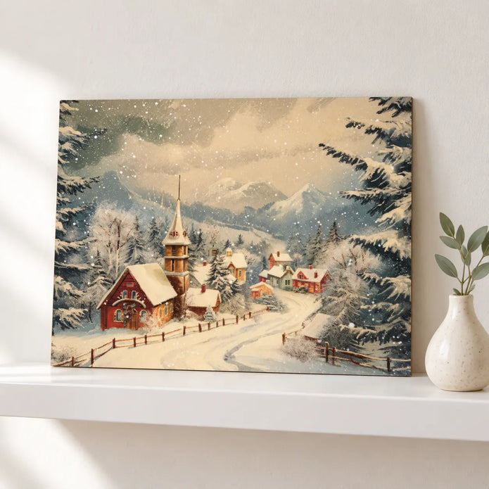 Snowy Village printed canvas board on a white picture shelf in a neutral home.