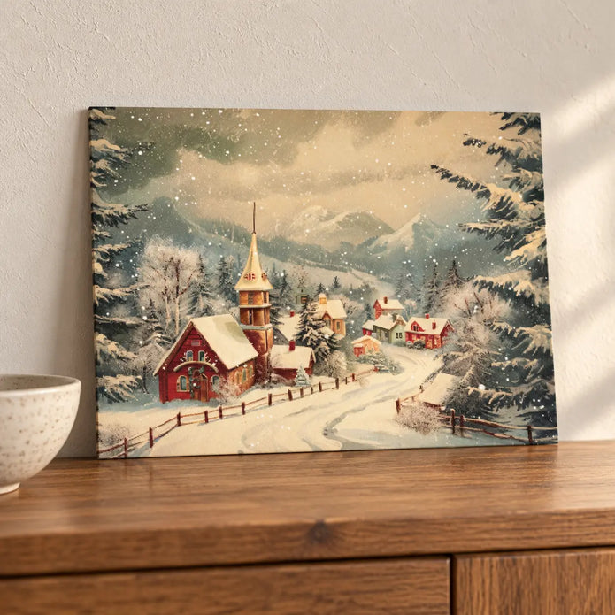 Unframed Snowy Village canvas board leaning on a darker oak sideboard.