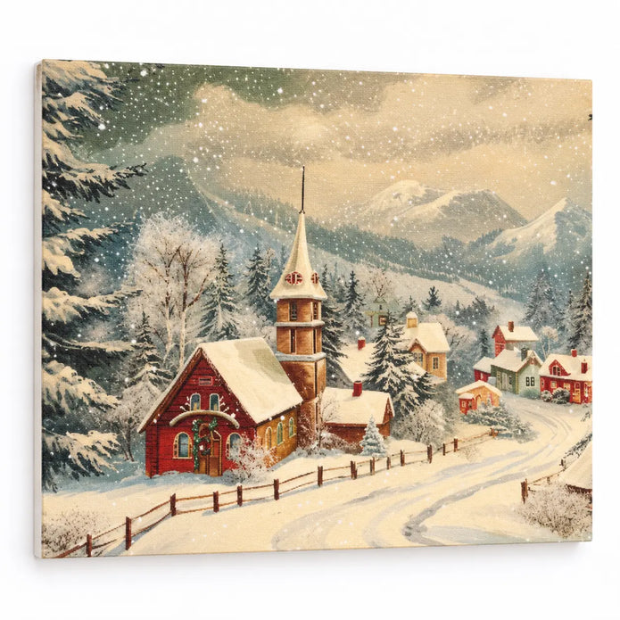 Close-up of the snowy church and village print on white-primed canvas board.