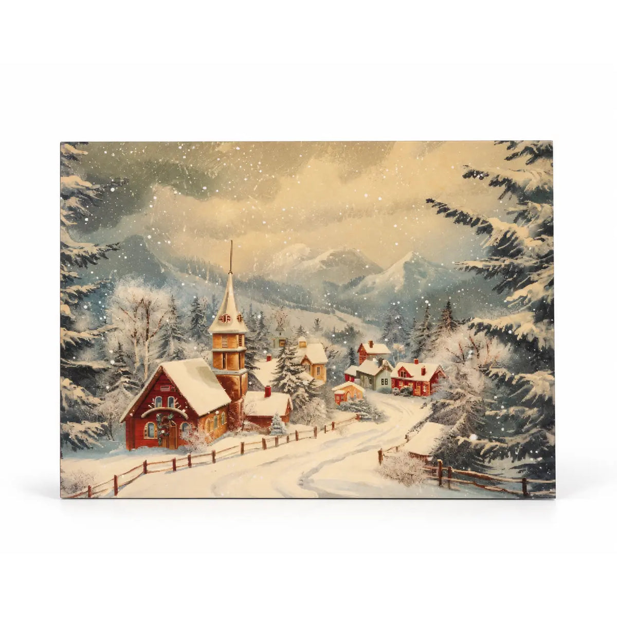 Full landscape Snowy Village canvas board on white, showing the church, cottages and snowy road.