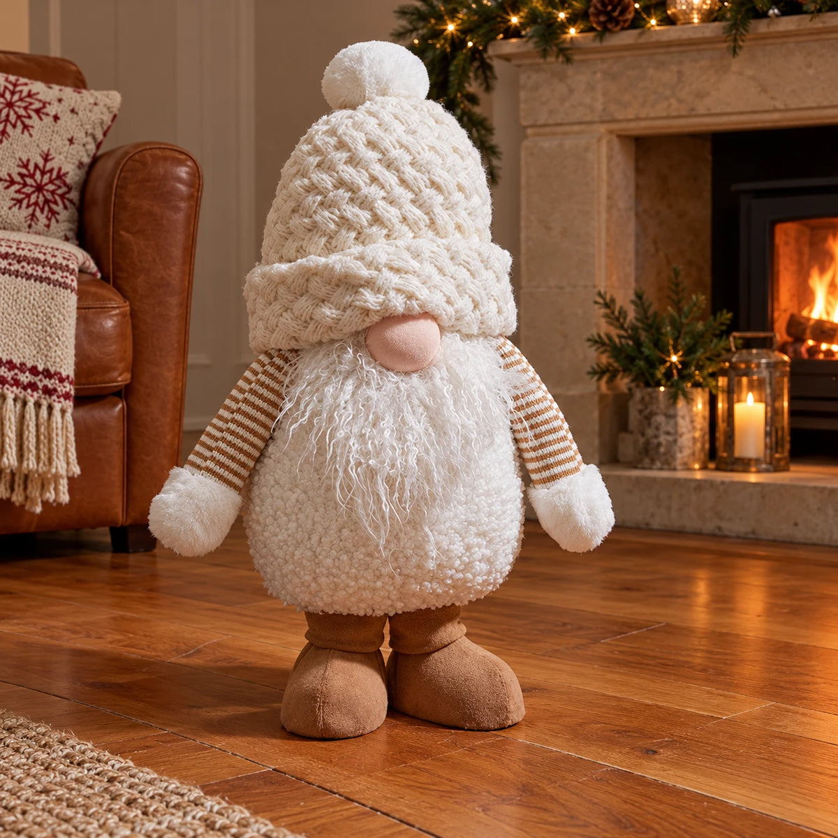 Large snowy white gonk styled beside a stone fireplace.