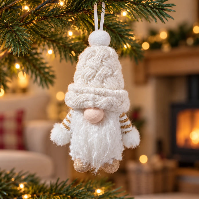 Snowy white gonk hanging from a Christmas tree branch with warm lights.