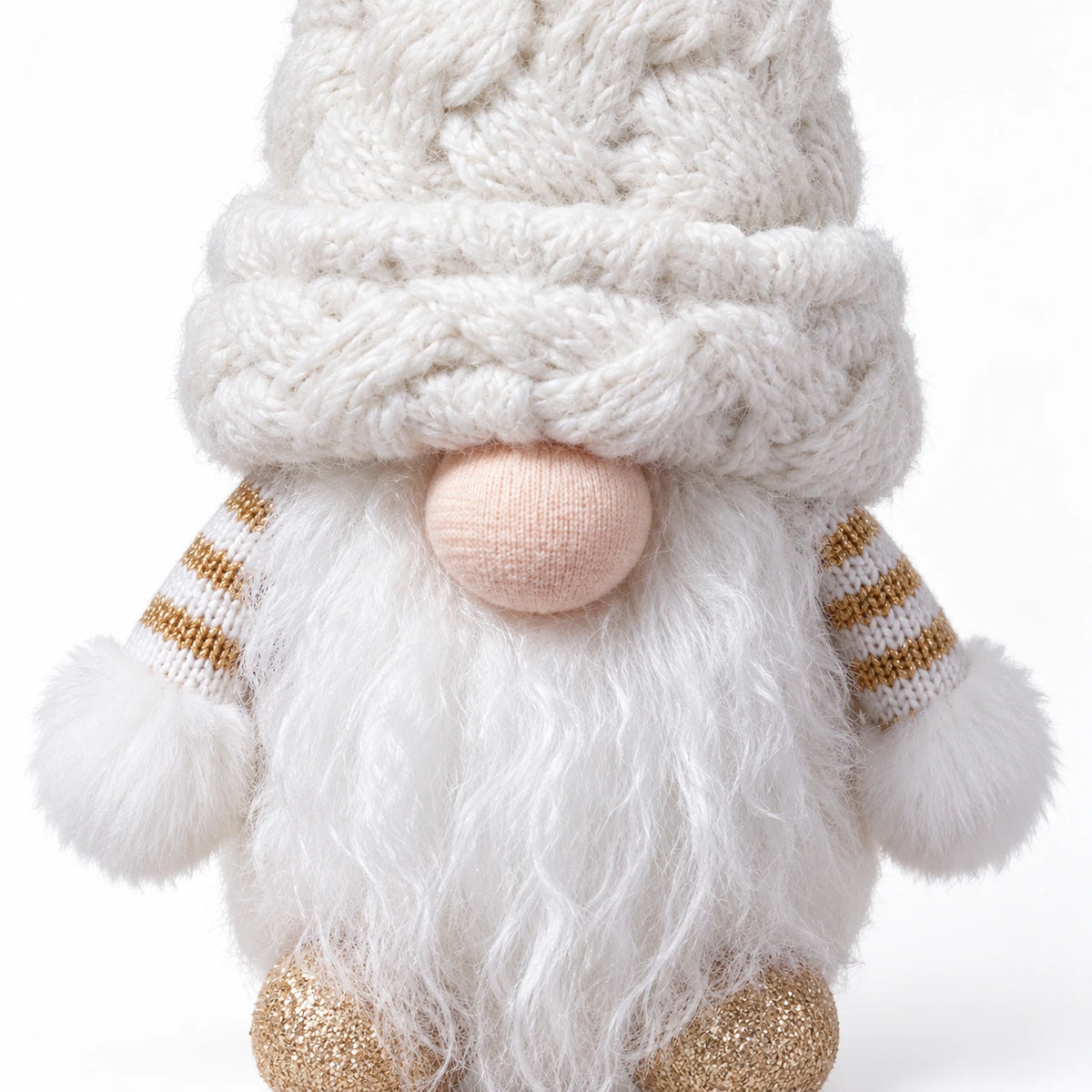 Close-up of the gonk's white cable-knit hat, soft beard and gold-striped sleeves.