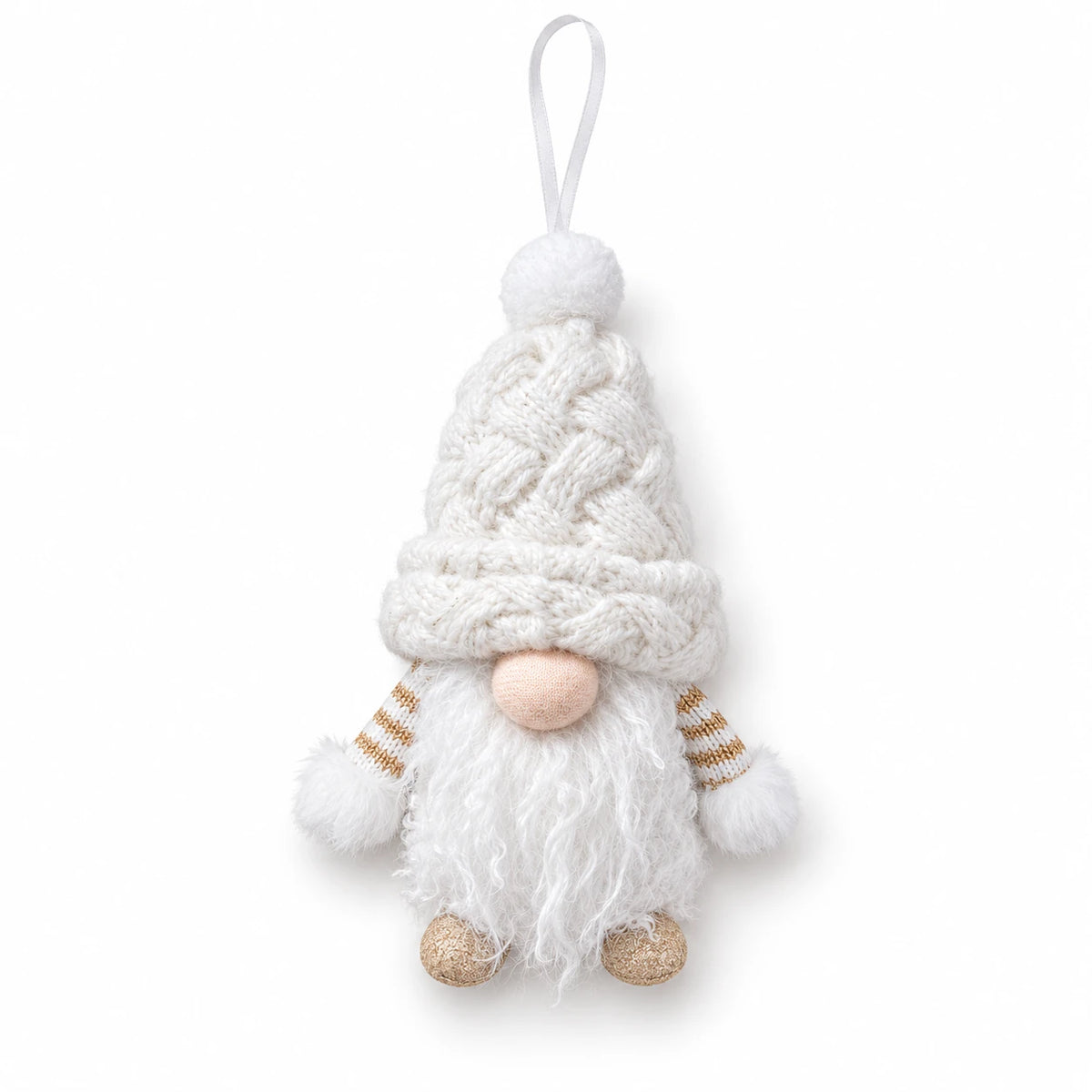 Full white studio view of the hanging gonk with white ribbon and gold feet.