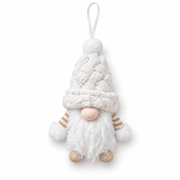 Full white studio view of the hanging gonk with white ribbon and gold feet.
