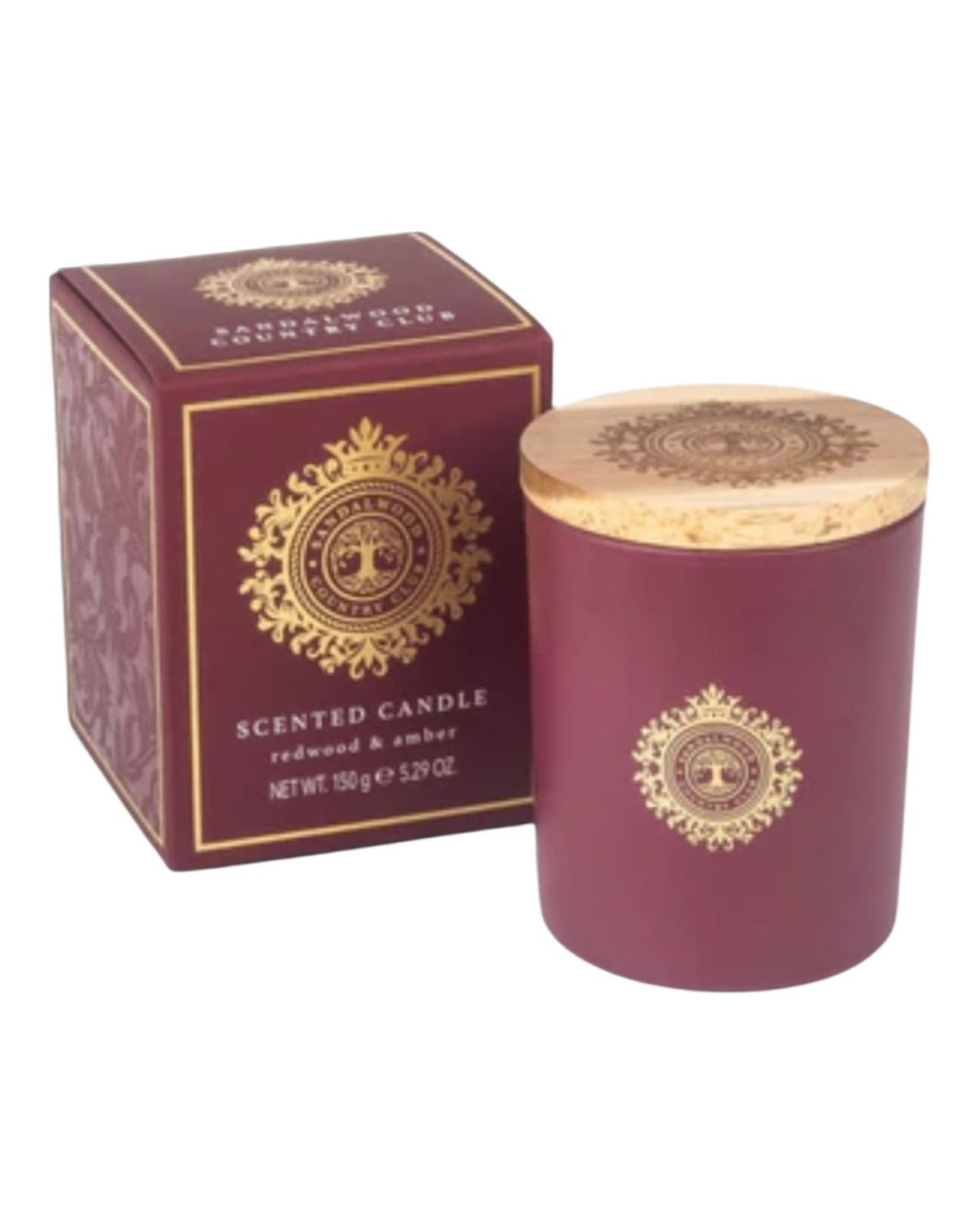 Sandalwood Country Club Burgundy Candle by Somerset Toiletries featuring redwood and amber scents, in a decorative glass container.