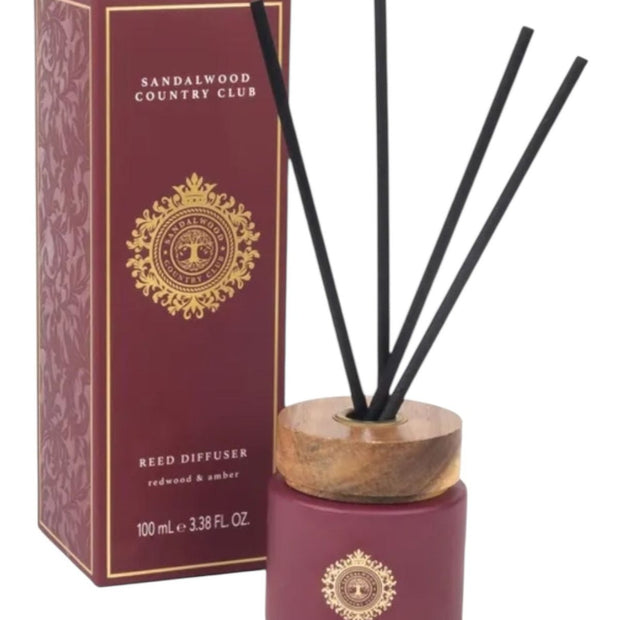 Sandalwood Country Club Burgundy diffuser by Somerset Toiletries featuring redwood and amber scents in a decorative bottle