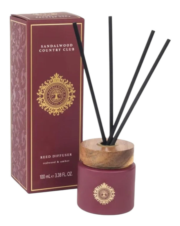 Sandalwood Country Club Burgundy diffuser by Somerset Toiletries featuring redwood and amber scents in a decorative bottle