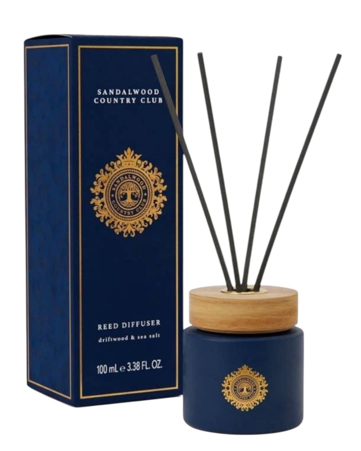 Somerset Toiletries Sandalwood Country Club navy blue diffuser with driftwood and seasalt scent, decorative bottle and diffuser sticks.