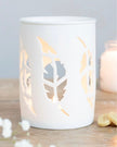 Matte white feather cut-out burner with decorative feather design, suitable for home decor and lighting accents.