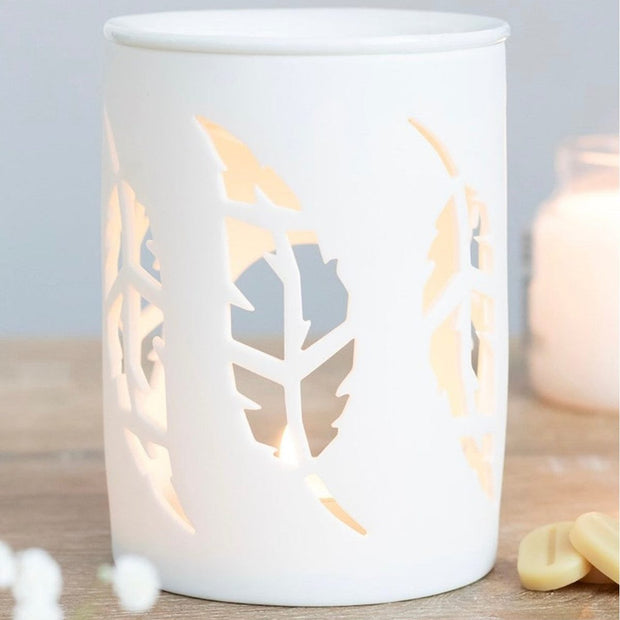 Matte white feather cut-out burner with decorative feather design, suitable for home decor and lighting accents.