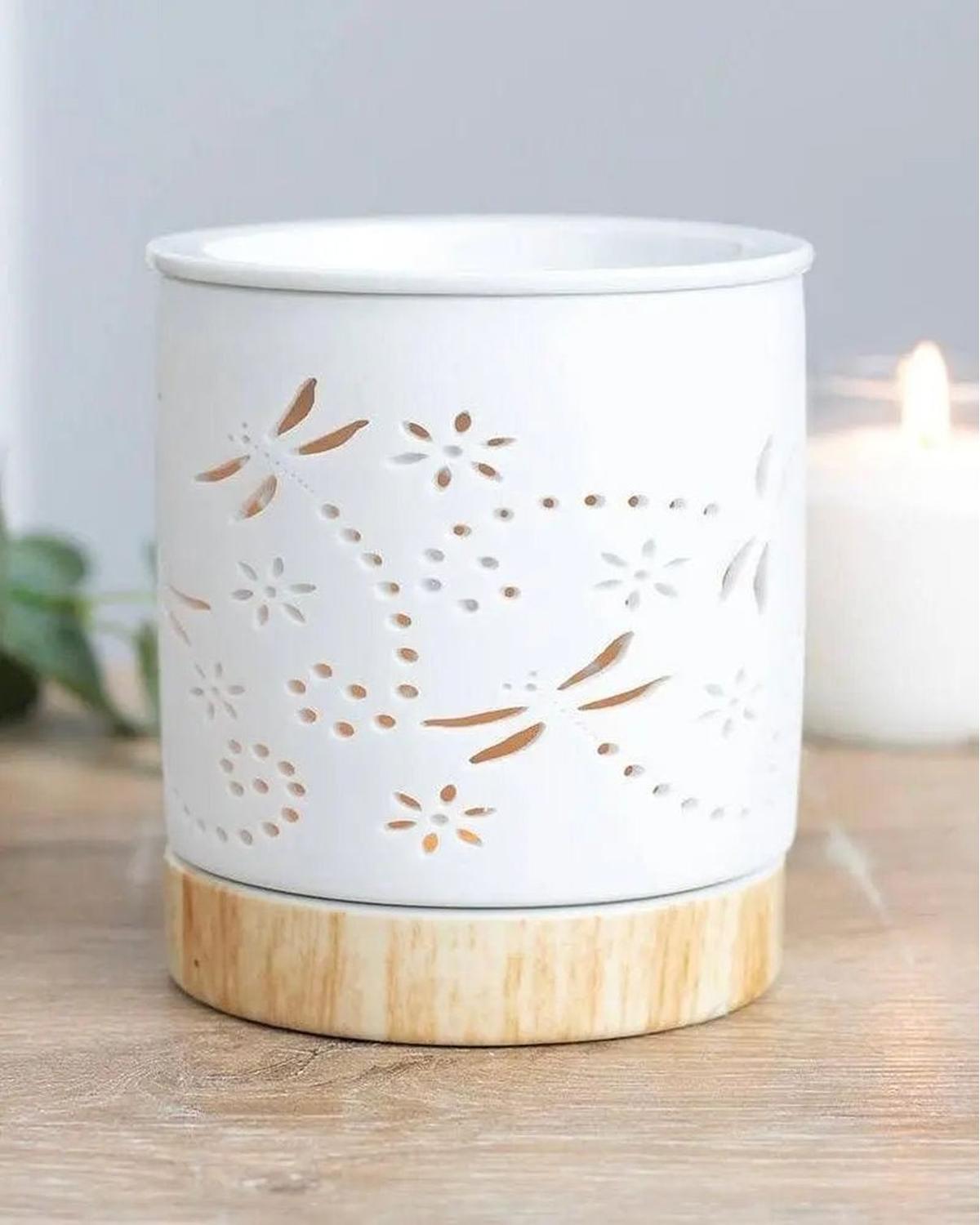 Dragonfly matte ceramic wax melt burner and oil warmer with intricate dragonfly design and smooth matte finish.