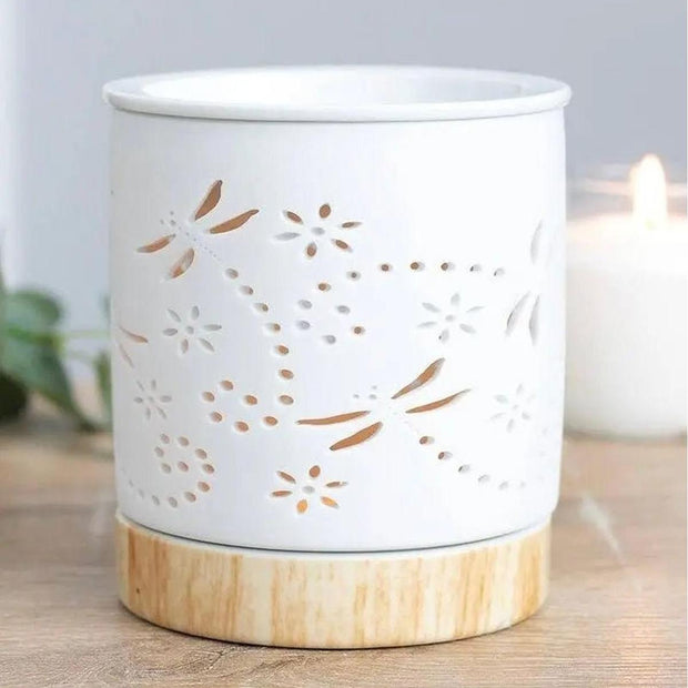Dragonfly matte ceramic wax melt burner and oil warmer with intricate dragonfly design and smooth matte finish.