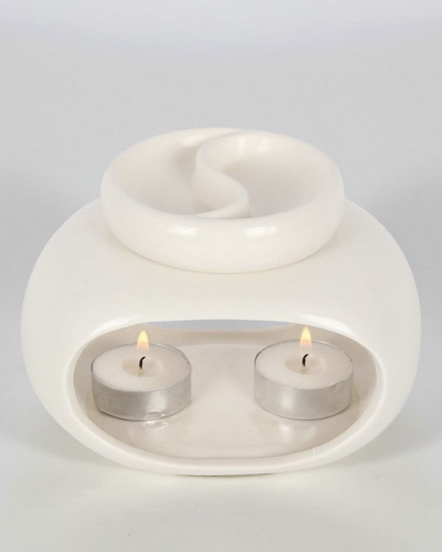 White double bowl wax melt oil burner from Something Different Wholesale with two ceramic bowls for melting wax or oils.