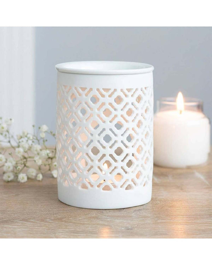 White matte lattice cut oil burner and wax warmer, decorative wax melt burner from Something Different Wholesale.