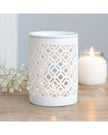White matte lattice cut oil burner and wax warmer, decorative wax melt burner from Something Different Wholesale.