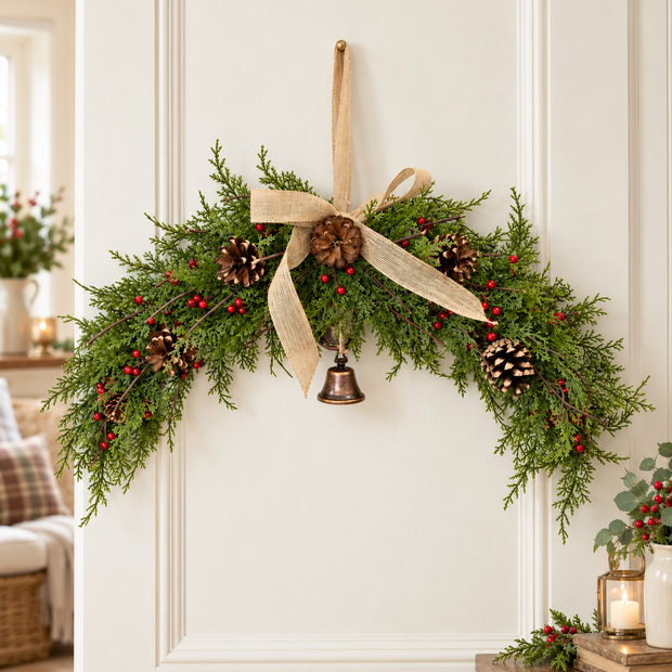 Red berry Christmas swag with pinecones and hessian bow on a bright country home wall