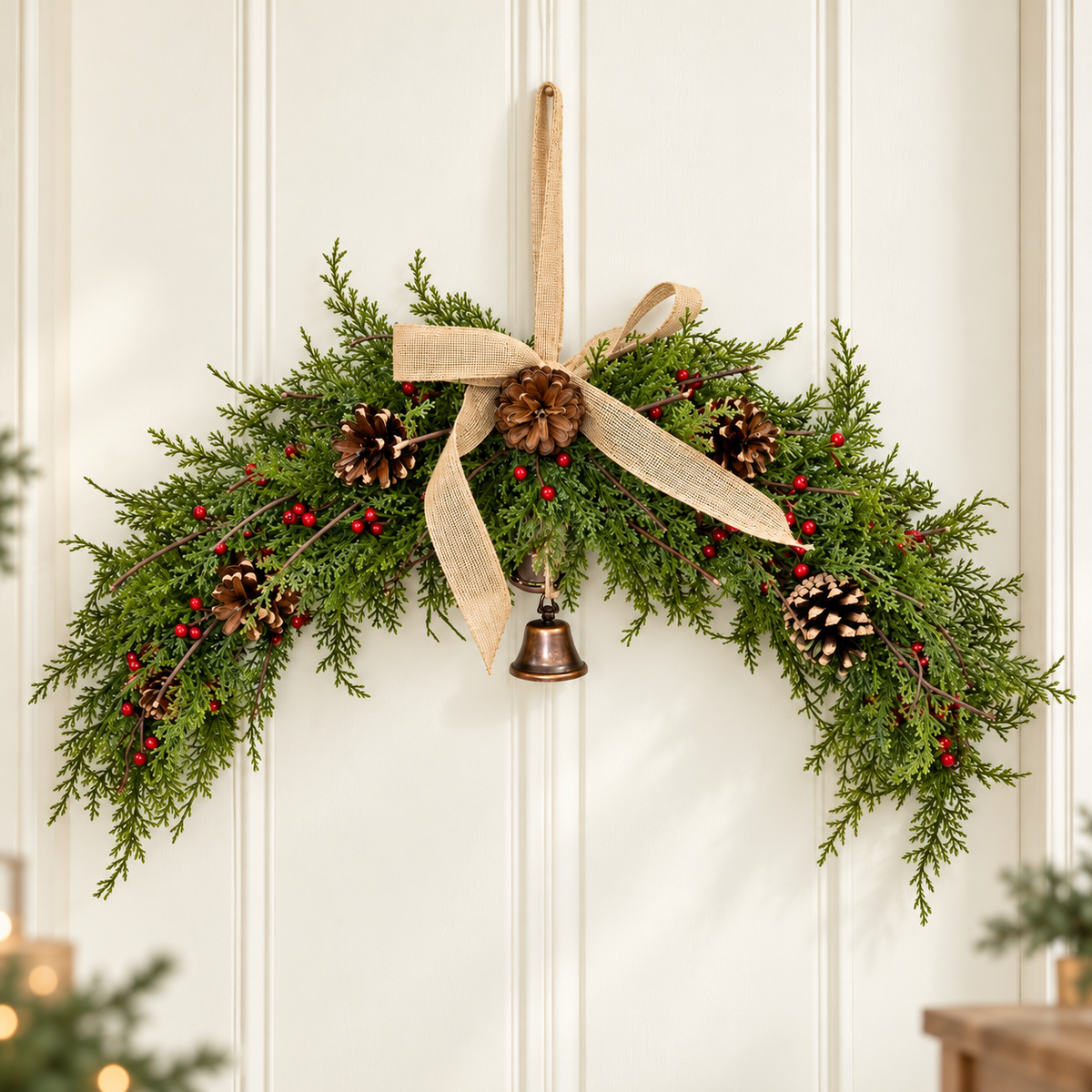 Red berry spruce Christmas arched swag with hessian bow styled on a cream panelled wall
